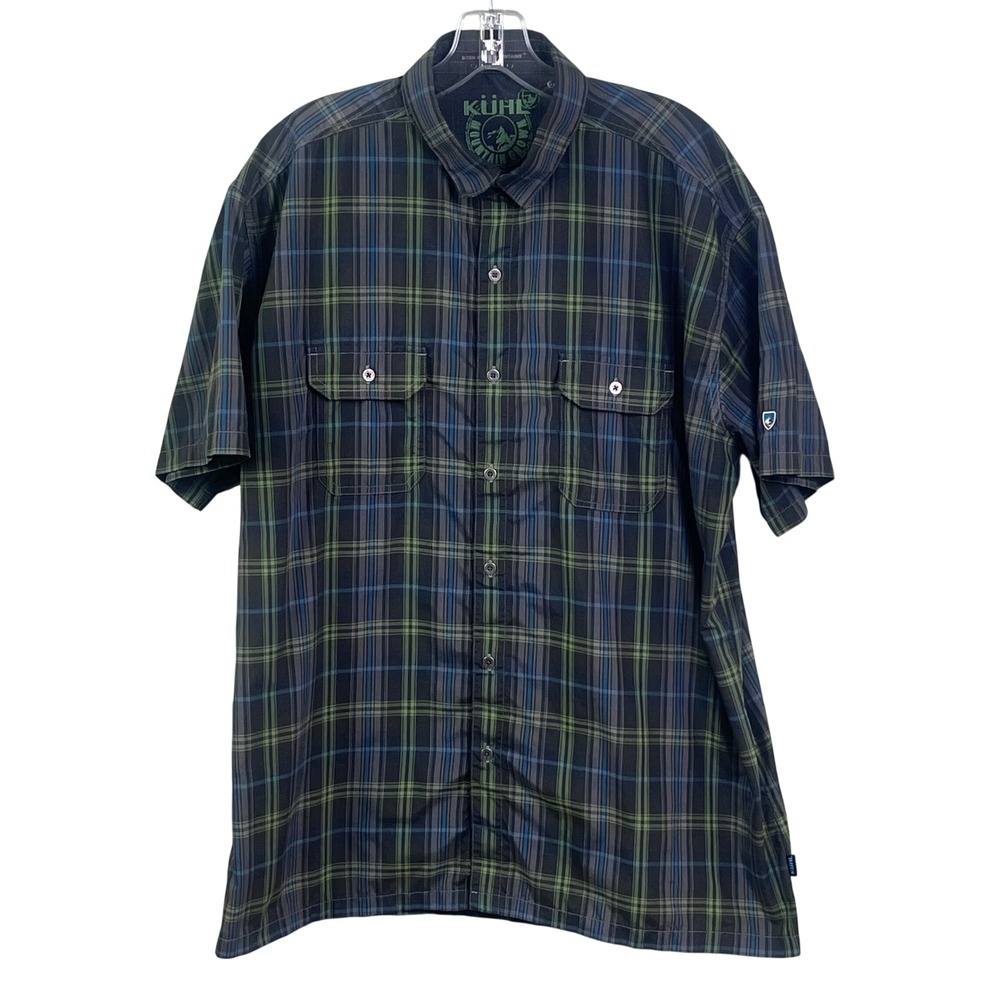 Kuhl Blue Green Plaid Summer Fishing Golf Shirt Born In The Mountains XL